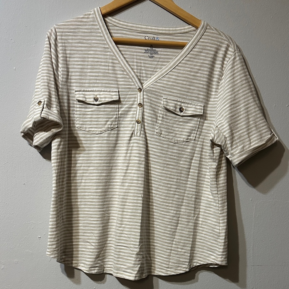 Croft & Barrow Beige Striped Short Sleeve Tee - Picture 1 of 3
